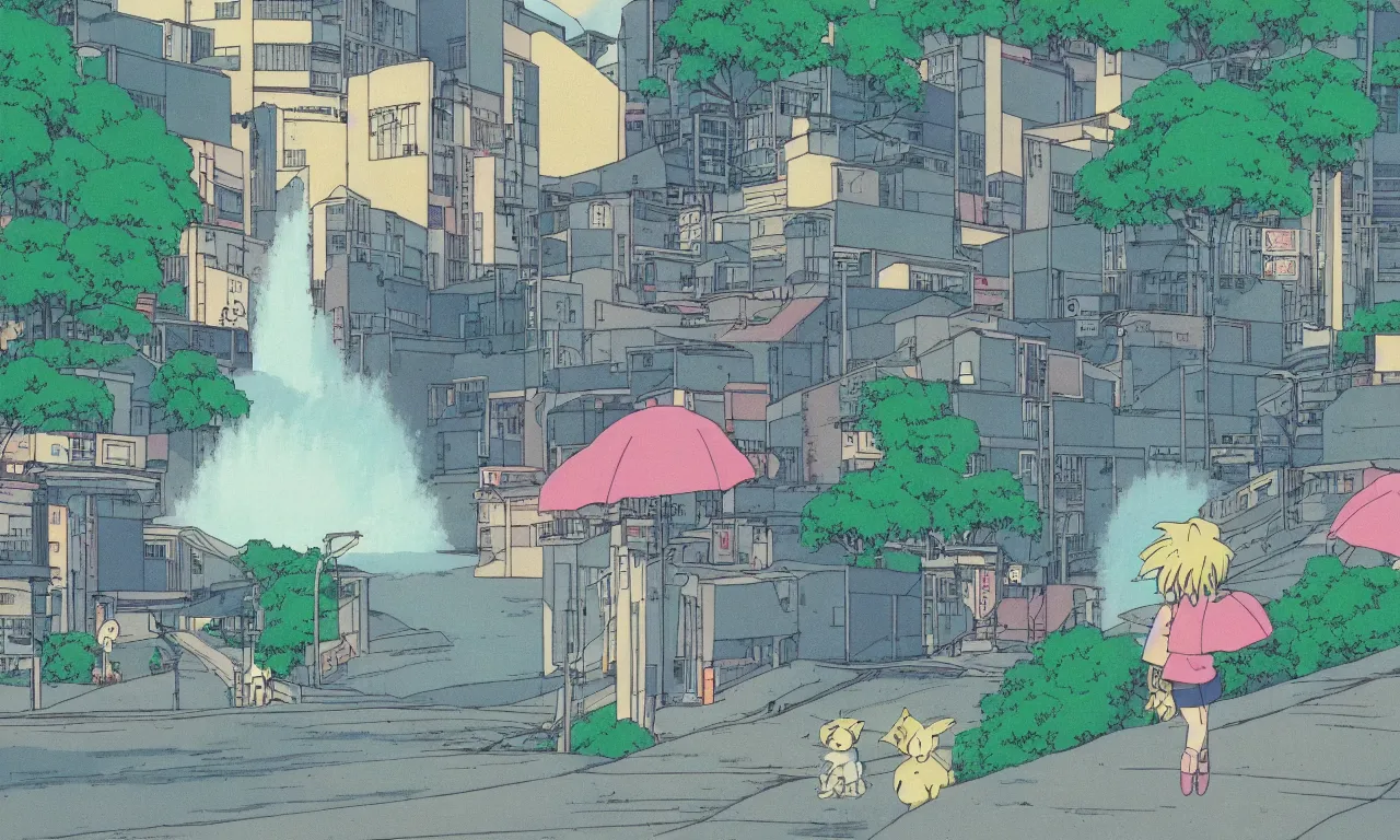 Prompt: A cute aesthetic still frame from an 80's or 90's anime, minimal street in Japan with a waterfall