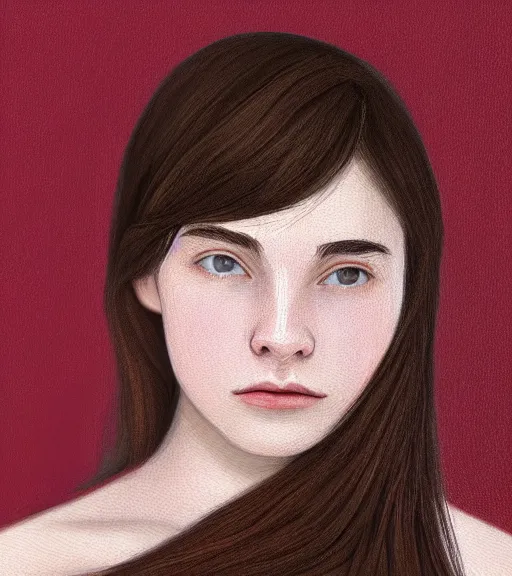 Image similar to https://s.mj.run/SVF9-OTU880 portrait of a welsh teenage girl with brown hair, glowing skin, delicate features, amelie poulain, fantasy, small mouth, quiet beauty, intricate, elegant, dress shirt, highly detailed, digital painting, artstation, concept art, smooth, sharp focus, illustration, art by Krenz Cushart and Artem Demura and alphonse mucha