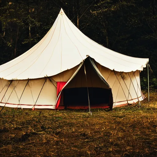 Image similar to a circus tent in the middle of a dark mysterious forest