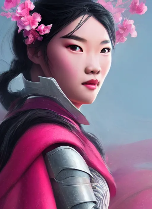 Image similar to Mulan wearing sculpted textured armor and pink flower cape, close-up of the front of the face, super sophisticated texture, enhanced noise, by Guweiz, split lighting, 4K resolution, symmetric, clear facial features, matte painting