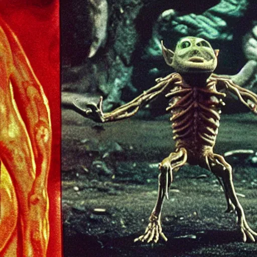 Image similar to a hyper detailed filmic realistic atmospheric full body backlit establashing wide shot semi symmetrical film 30mm color photograph of the alien organism creature with multiple human limbs and grotesque distorted human face mutating from The Thing 1982 in the style of John Carpenter horror movie