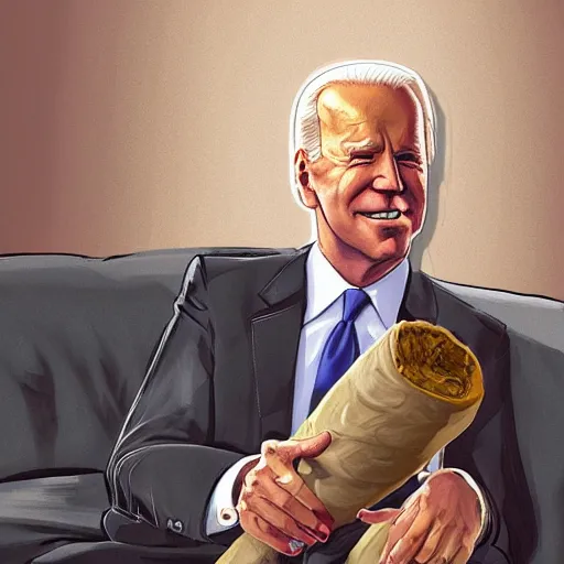 Image similar to joe biden is holding a giant rolled up joint while sitting on a couch in a messed up apartment, stoned eyes, smoke, beautiful digital art, amazing detail, artstation, award winning, sharp