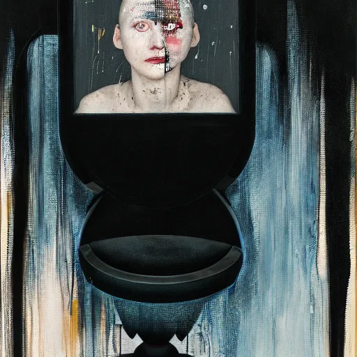 Image similar to portrait of a morphed gamer sitting on a stool looking into a mirror doing makeup by james jean and luc tuymans and beeple and hernan bas and pat steir and hilma af klint, psychological, 3 d, dripping paint, monochrome, high quality render, masterpiece