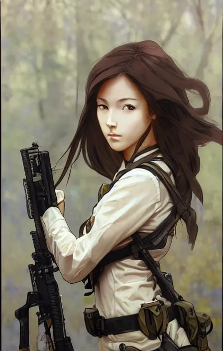 Image similar to infantry girl, anime style, symmetrical facial features long hair, hair down, under heavy fire, explosions, wallpaper, hyper realistic, pale skin, rule of thirds, extreme detail, 4 k, detailed drawing, trending artstation, realistic anatomy, trading card front, by alphonse mucha, greg rutkowski, sharp focus, backlit, fast helmet