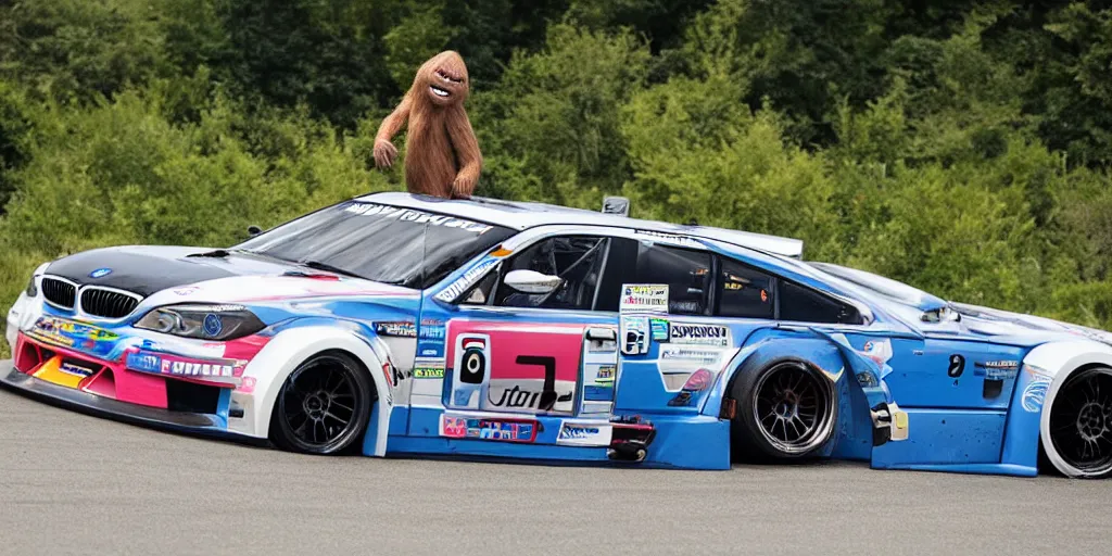 Image similar to sasquatch hanging out the window of a bmw drift car