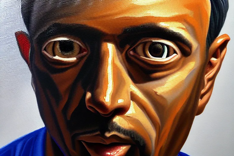 Image similar to frank the ai painter self portrait, detailed eyes, photorealistic