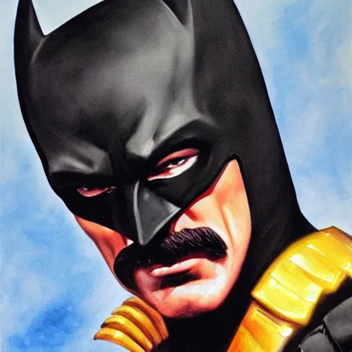 Image similar to ultra realistic portrait painting of tom selleck as batman, art by frank frazetta, 4 k, ultra realistic, highly detailed, epic lighting