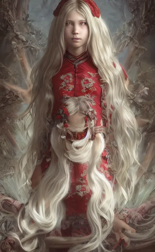 Image similar to full body shot of a young girl with blond twin tail hair and red eyes standing in front of a white wall, intricate details, eerie, highly detailed, photorealistic, octane render, 8 k, unreal engine, art by artgerm and greg rutkowski and alphonse mucha