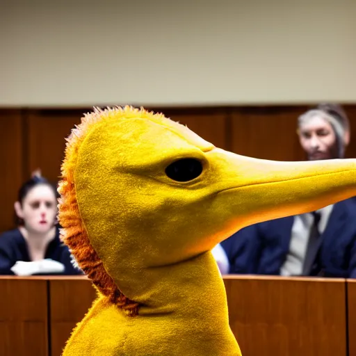 Image similar to professional photograph of an anthropomorphic yellow dinosaur wearing a suit and testifying in court, 8k, highly detailed, highly intricate, cinematic,