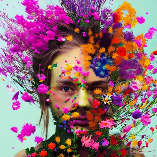 Prompt: realistic photo human body made of colorful wild flowers