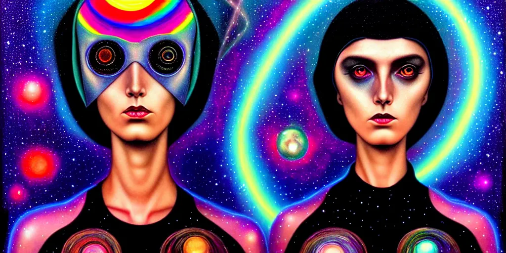 Image similar to patron saint of 🛸🌈👩🏾, futuristic gothic clothing, wormhole, nebula, black hole, aries constellation, multiverse, neon god of city character portrait, in the style of margaret keane, moebius, tom bagshaw, and waterhouse, cinematic lighting, beautiful, elegant, oil painting,