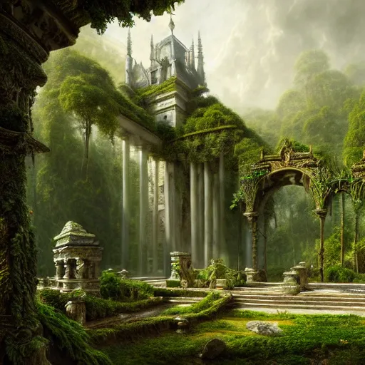Image similar to a beautiful and highly detailed matte painting of an epic palace in a lush fantasy garden in a beautiful forest, carved stone runes, intricate details, epic scale, insanely complex, hyperdetailed, artstation, cgsociety, 8 k, sharp focus, hyperrealism, by caspar friedrich, albert bierstadt, james gurney, brian froud,