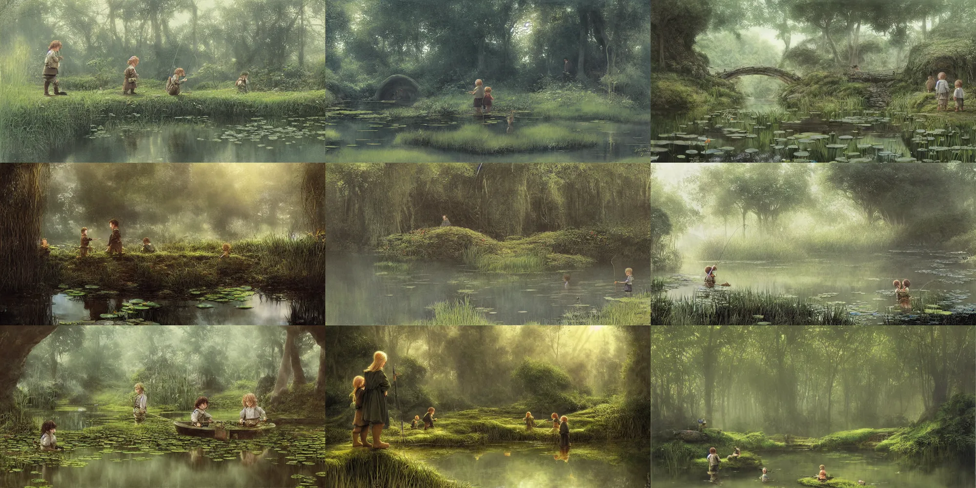 Prompt: two hobbit children fishing trip to a mirror - like pond covered with lotus flowers!!, by alan lee, dark foggy forest background, sunlight filtering through the trees, fishing poles!, digital art, art station.