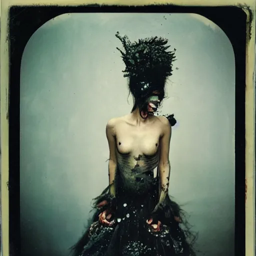 Image similar to damaged kodak portra 4 0 0, wetplate, photo of a surreal artsy dream scene,, very beautiful model, weird fashion, grotesque, extravagant dress, strange pose, carneval, with an animal, wtf, photographed by paolo roversi style