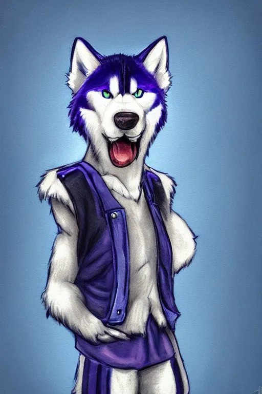 Prompt: a character design of a husky athlete in blue vest, portrait painting, anime, humanoid, anthropomorphic, personify, furry