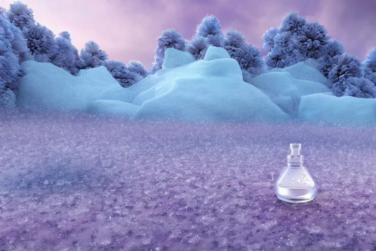 Prompt: perfume bottle buried flowers at a blurred background ice hotspring by peter tarka in the middle of the actic with little white frosted flowers, soft lilac skies, silky smooth, dramatic, mid day, blurry snow mountain background, large scale, wind - swept, lots of detail, realistic lighting, octane render, by wlop, artgerm, trending on artstation