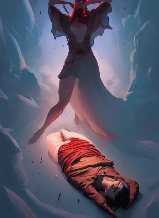 Prompt: throneroom with the corpse of the king laying on the ground, his head cut off, in the style of artgerm, charlie bowater, sam guay, atey ghailan and mike mignola, no people, vibrant colors and hard shadows and strong rim light, plain background, comic cover art, trending on artstation