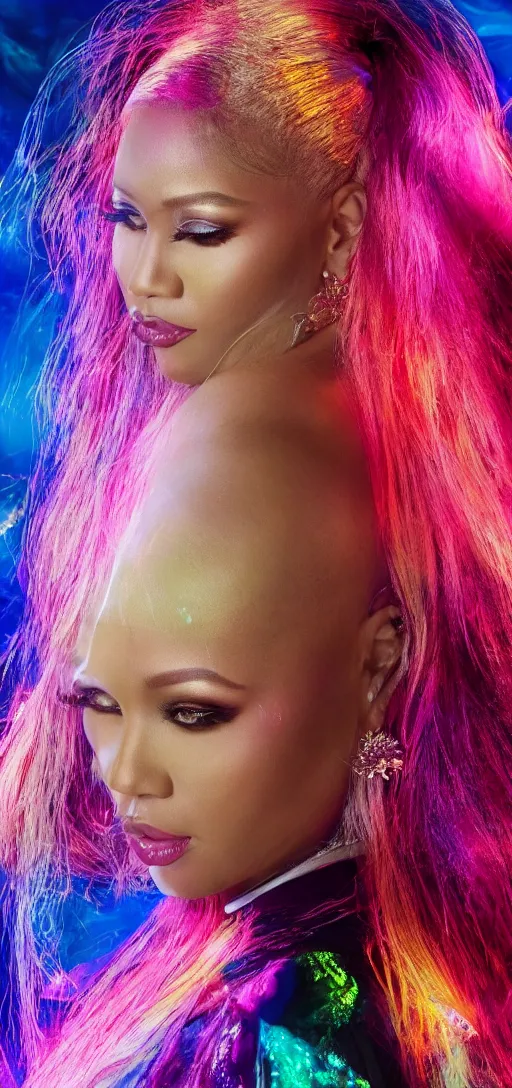 Image similar to nicki minaj, glowing hair, 8 k, cinematic light shadows, wet hdr refractions