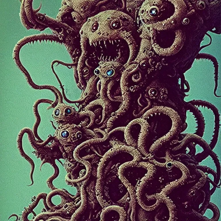 Image similar to photo of cute plush fluffy chibi monster with spikes, tentacles and many eyes. jpeg compression artifacts, strong compression artifacts. made by giger, wayne barlowe, dariusz zawadzki, zdzislaw beksinski