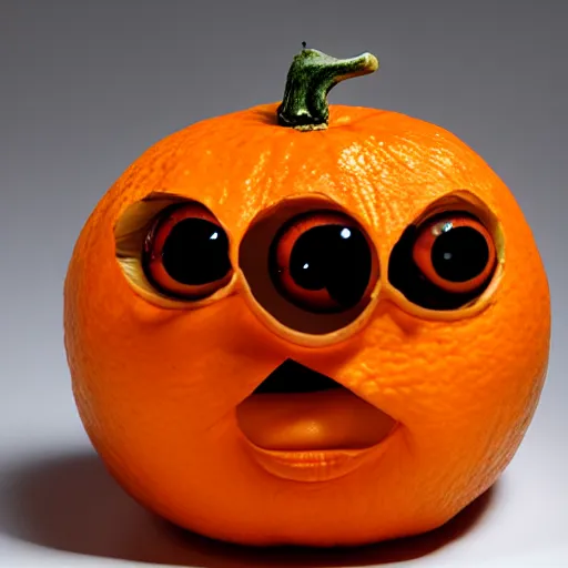 Image similar to a taxidermized annoying orange, in a museum, 8 5 mm lens, 7 0 mm entrance pupil diameter