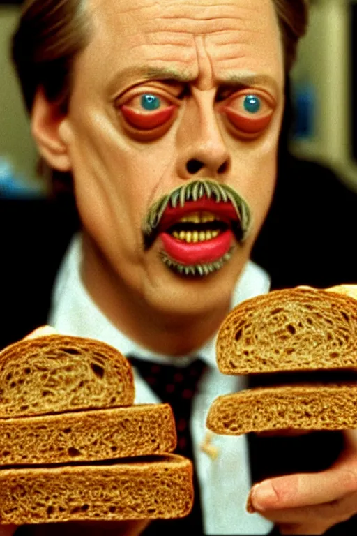 Image similar to film still of steve buscemi made out of bread in the royal tenenbaums, 4 k