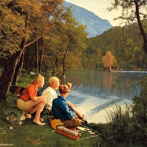 Prompt: painting of a blonde boy with blue eyes and his mother and father, fishing next to a high lake in Switzerland, forest, tent, golden hour, by Norman Rockwell,