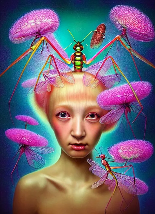 Image similar to hyper detailed 3d render like a Oil painting - kawaii portrait Aurora (gold haired Singer Praying Mantis Dragonfly) seen Eating of the Strangling network of yellowcake aerochrome and milky Fruit and Her compund eyes delicate Hands hold of gossamer polyp blossoms bring iridescent fungal flowers whose spores black the foolish stars by Jacek Yerka, Mariusz Lewandowski, Houdini algorithmic generative render, Abstract brush strokes, Masterpiece, Edward Hopper and James Gilleard, Zdzislaw Beksinski, Mark Ryden, Wolfgang Lettl, hints of Yayoi Kasuma, octane render, 8k