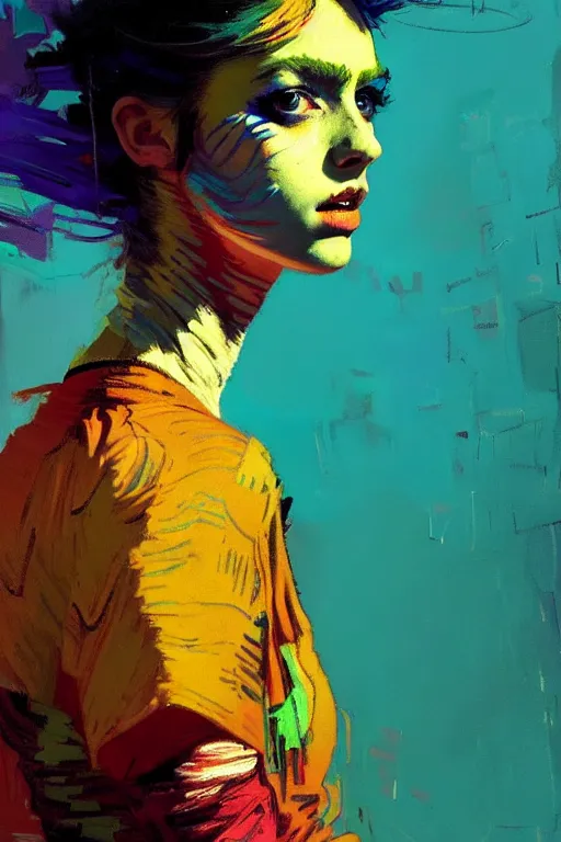 Image similar to portrait of a beautiful punk girl, complementary colors, beautiful face, rule of thirds, intricate outfit, spotlight, by greg rutkowski, by jeremy mann, by francoise nielly, by van gogh, digital painting