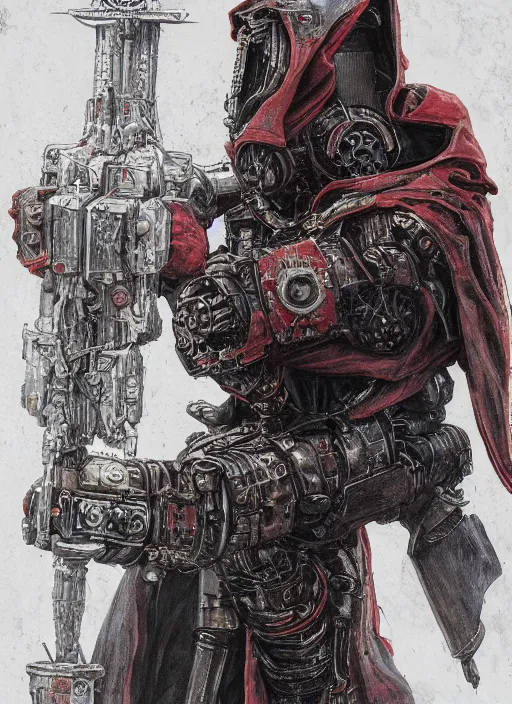 Image similar to portrait of rotten Nicolas Cage as adeptus mechanicus in red hood and robe from Warhammer 40000. Highly detailed, artstation, illustration by and John Blanche and zdislav beksinski and wayne barlowe