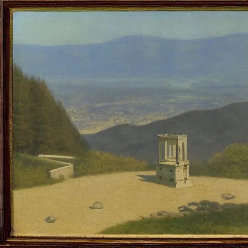 Image similar to observatory, temple, mountains by Fernand Khnopff