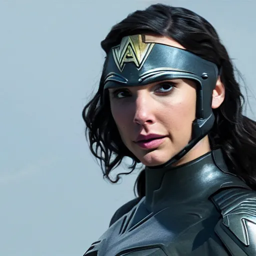 Image similar to gal gadot as a futuristic soldier in a future battleground