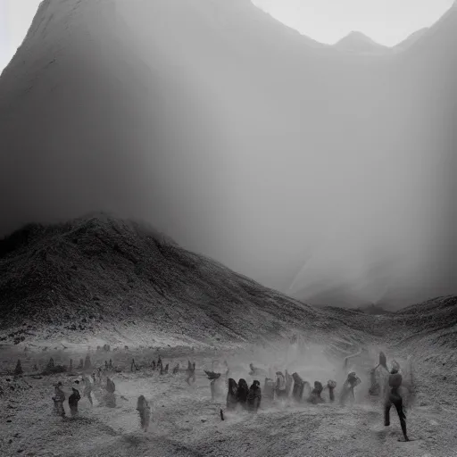 Prompt: an indigenous crowd of spiritual healers, shadows coming from dust mountain of shaman bodies in sandstorm, under abduction light portal, gregory crewdson, sebastiao salgado