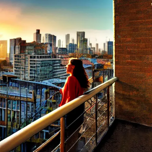 Prompt: a woman on a balcony leaning on the rail overlooking an overgrown city at sunset, digital art, colorful, scenic, powerful