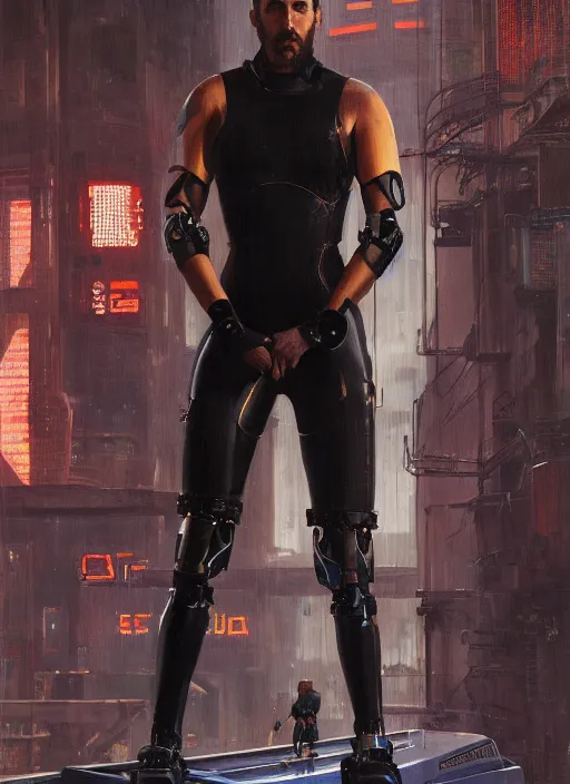 Prompt: cyberpunk olympic weightlifter in jumpsuit with robotic arms ( blade runner 2 0 4 9, cyberpunk 2 0 7 7 ). orientalist portrait by john william waterhouse and james gurney and theodore ralli and nasreddine dinet, oil on canvas. cinematic, hyper realism, realistic proportions, dramatic lighting, high detail 4 k
