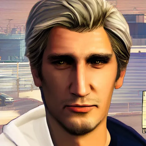 Image similar to closeup of handsome gigachad XQC as a GTA character in a loading screen