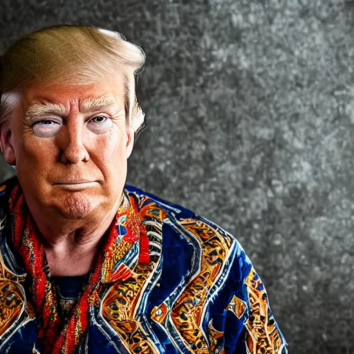 Image similar to A Portrait Photo of Trump wearing batik from Indonesia, award winning photography, sigma 85mm Lens F/1.4, blurred background, perfect faces