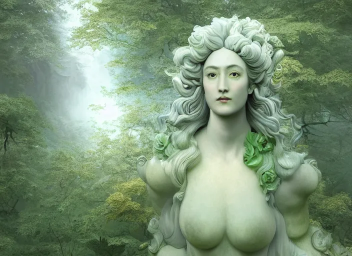 Prompt: a portrait of idealistic marble statue with fractal flowery hair and fair porcelain face and green eyes, in a magical forest, painted by, mc escher, gordon onslow ford, georgia o'keeffe and ivan aivazovsky, cinematic light, god rays, colourful, unreal engine, zbrush central,