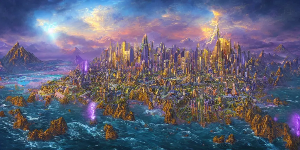 Image similar to balanced fantasy masterpiece, bird's eye vista view, high - tech atlantean civilization, mayan, chrome, gold, amethyst, highrise city, extremely detailed, distant mountains, bright clouds, luminous sky, bright cinematic lighting, michael cheval, michael whelan, airbrush digital oil painting, vray, 8 k hd