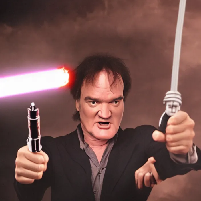 Prompt: quentin tarantino raising a lightsaber with his right hand, giving his thumbs - up with his left hand. without characters. green screen background. cinematic trailer format.