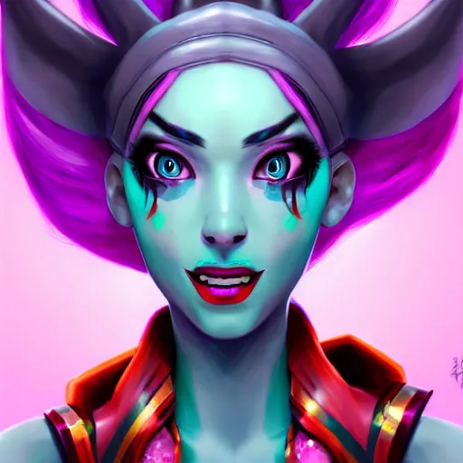 Image similar to portrait of Jinx from League of Legends, by Fortiche Studio, by Riot Games, from Netflix's Arcane, trending on artstation,fine details, realistic shaded, fine-face, painted texture, pretty face