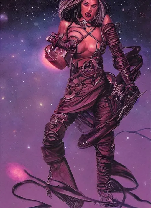 Image similar to portrait of female space pirate, night sky background, beautiful! coherent! by brom, deep color, strong line, high contrast