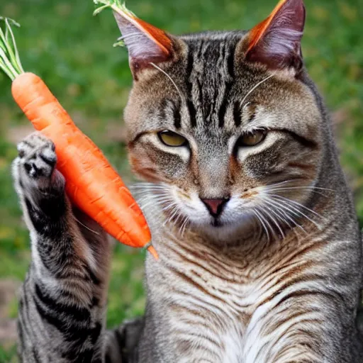 Image similar to big tabby cat with white paws biting a carrot