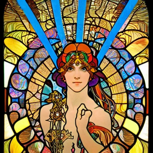 Prompt: burning man, goddess of sparkles, rainbow, mushrooms, third eye, intricate, stained glass by alphonse mucha