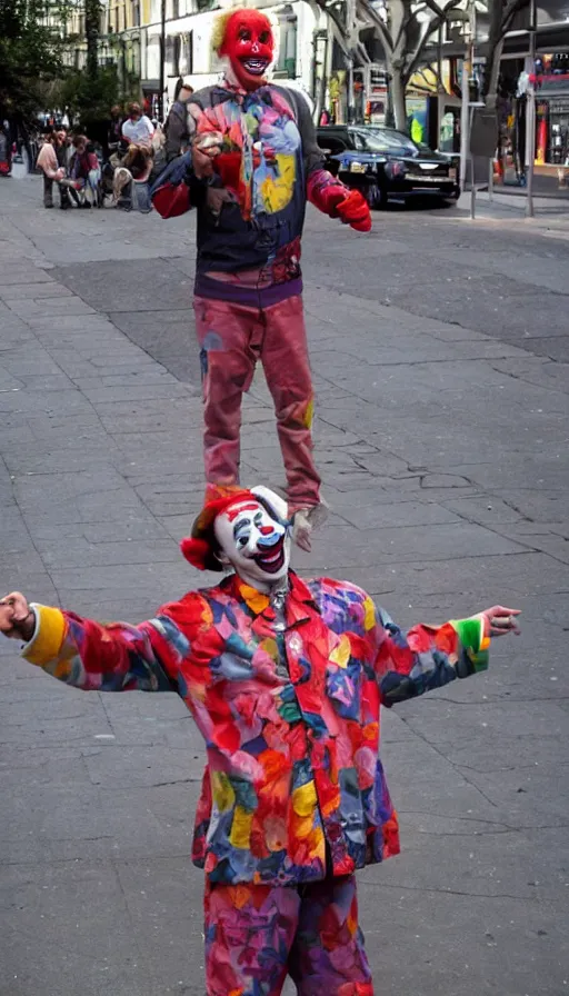 Image similar to joe rogan clown street performer, cinema still