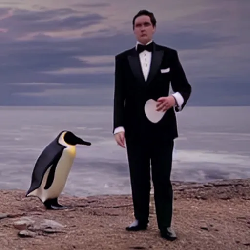 Prompt: A film still of a penguin in a suit, in a suit, in a suit, in a suit