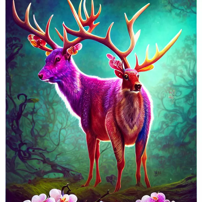 Prompt: extremely psychedelic animal made of orchid and cherry blossom tree and mushroom, LSD elk, diffuse lighting, fantasy, intricate, elegant, highly detailed, lifelike, photorealistic, digital painting, artstation, illustration, concept art, smooth, sharp focus, art by John Collier and Albert Aublet and Krenz Cushart and Artem Demura and Alphonse Mucha