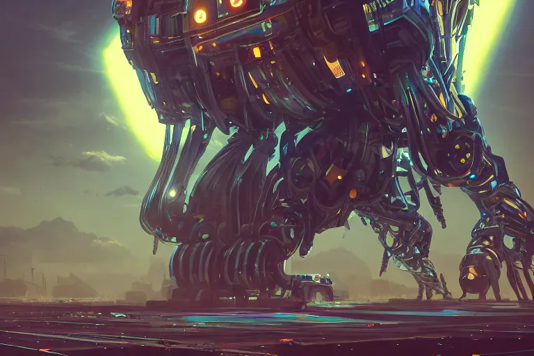 Prompt: huge mechanical creature robot in the middle, radiating a glowing aura, looking at the camera, symmetrical, global illumination, ray tracing, hdr, fanart, artstation, by ian pesty and alena aenami, artworks, 4 k