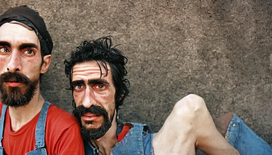 Image similar to far view, extremely skinny malnourished mario and luigi with long beard, wearing dirty overalls, dirty greasy face, grin, portrait, close up, kodak gold 2 0 0, 5 0 mm,