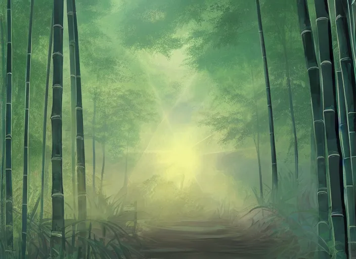 Prompt: deep in a misty japanese bamboo forest, small river, mountain background, sunny, cartoony, stylized anime, sun rays, soft, moody lighting, by hayao miyazaki, ghibli studio, makoto shinkai, toei animation, studio trigger, trending on artstation, 4 k, hd