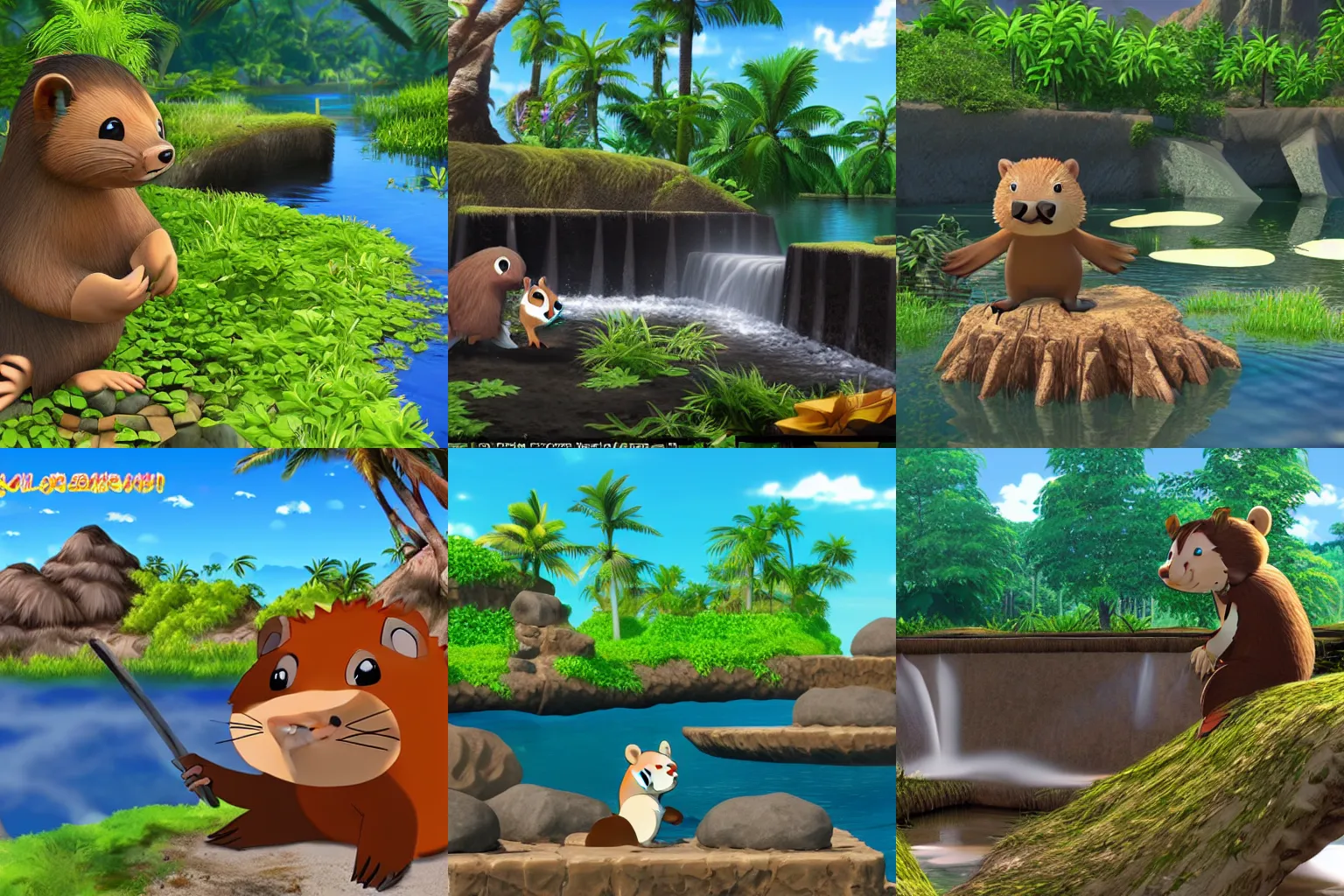 Prompt: anime beaver building a dam on a tropical island, unreal engine, sunny, happy